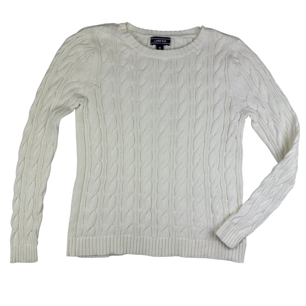 Lands End Cream Cable Knit Sweater‎ Drifter Crew Neck Long Sleeve Women's M